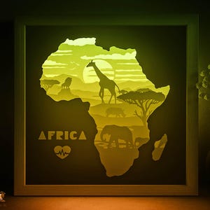 Africa Map Scape Shadow box SVG Template, Safari Animals Papercut Lightbox cricut SVG, 3D layered Nature Paper cut Light box DXF Papercraft