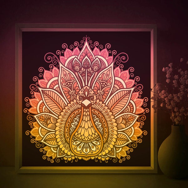 Peacock Bird Shadow box SVG Template, Feather Pattern Papercut Lightbox cricut SVG, 3D layered Mandala Paper cut Light box DXF Papercraft