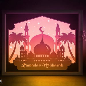 Ramadan Mubarak Schattenbox SVG-Vorlage, Islamische Moschee Silhouette Papierschnitt Lightbox Cricut SVG, 3D-Schicht Papierschnitt Lightbox DXF Papercraft
