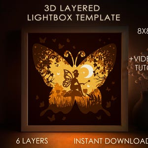 Fairy Shadow box SVG-sjabloon, vlinder sprookje Papercut Lightbox cricut SVG, 3D gelaagde papier gesneden lichtbak DXF Papercraft
