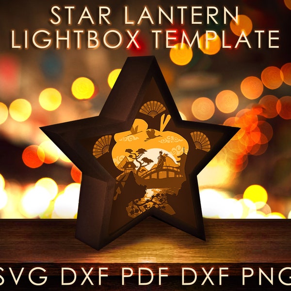 Japan Star Lantern Shadow box SVG Template, Japanese Geisha Papercut Lightbox cricut SVG, 3D layered East Paper cut Light box DXF Papercraft