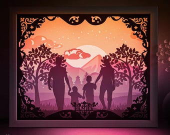 Plantilla SVG de caja de sombras para retrato familiar, caja de luz de corte de papel horizontal Cricut SVG, caja de luz de corte de papel en capas 3D DXF Papercraft