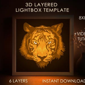 Modèle SVG animal tigre boîte ombre, gros chat Papercut Lightbox cricut SVG, 3D en couches papier découpé Lightbox DXF Papercraft