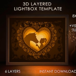 Herz Pferd Schattenbox SVG-Vorlage, Tier Freund Papierschnitt Lightbox Cricut SVG, 3D-Schichtung Mandala Papierschnitt Lightbox DXF Papercraft