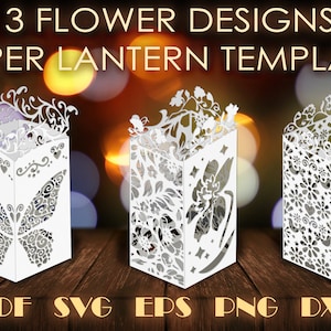 Modèles de lanterne en papier fleur, papillon de conte de fées découpé en papier lanterne bricolage, modèle de bougies de décoration motif cricut svg eps dxf art