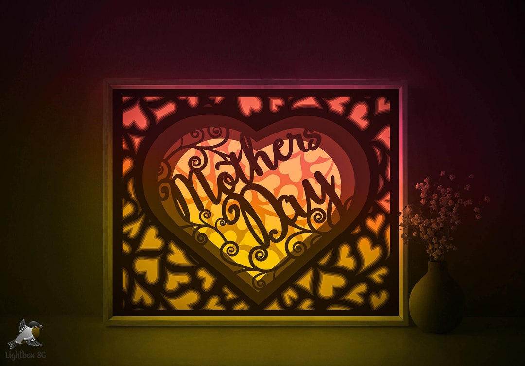 Mothers Day Shadow Box SVG Template, Heart Love Mom Papercut Lightbox ...