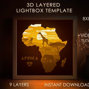 Modello SVG per scatola ombra Africa Map Scape, Lightbox Safari Animals Papercut Cricut SVG, Lightbox natura a strati 3D Papercut DXF Papercraft