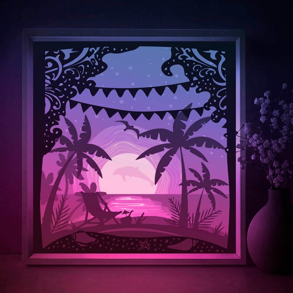 Tropical sea Beach Shadow box SVG Template, Palm trees Papercut Lightbox cricut SVG, 3D layered Paper cut Light box DXF Papercraft