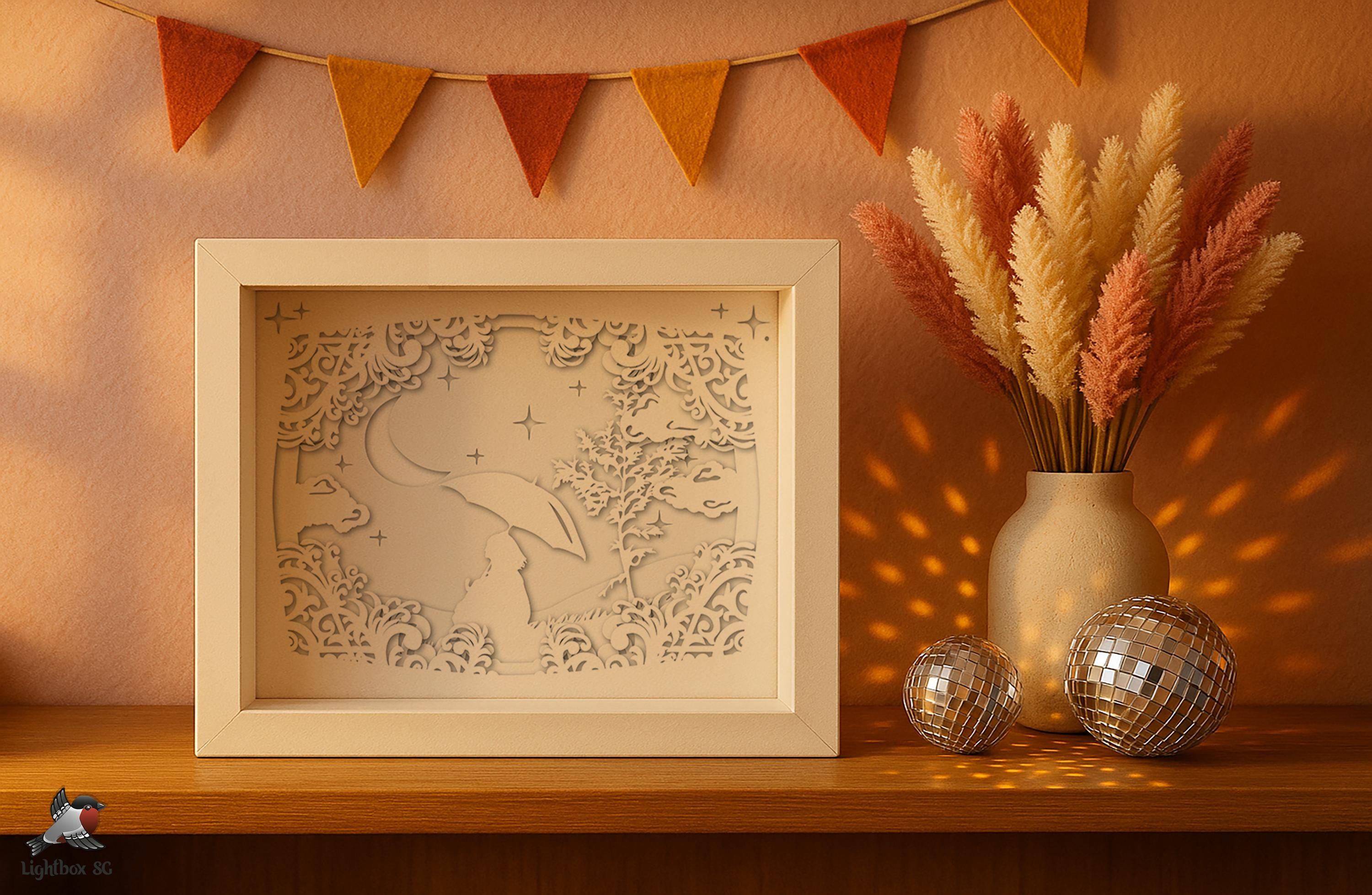 Night Sky Shadow Box SVG Template, Girl With Umbrella Papercut Lightbox ...