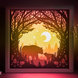 Bear Mom Shadow box SVG Template, Mothers day Papercut Lightbox cricut SVG, 3D layered Forest Pattern Paper cut Light box DXF Papercraft