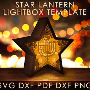 Happy Hanukkah Star Lantern Shadow box modèle SVG, Menorah Papercut Lightbox cricut SVG, 3D en couches papier découpé Lightbox Papercraft DXF