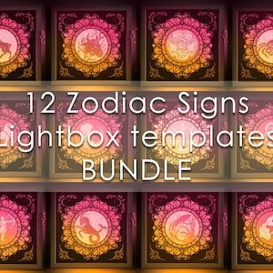 12 Sternzeichen Bundle Schattenbox SVG-Vorlage, astrologische Zeichenmuster Papierschnitt Lightbox Cricut SVG, 3D-Schicht Papierschnitt Lightbox Papercraft