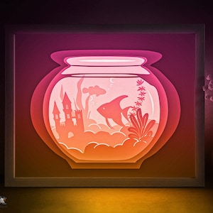 Plantilla SVG de caja de sombra para peces de acuario, caja de luz cortada en papel Cricut SVG, caja de luz cortada en papel en capas 3D DXF Papercraft caja rectangular de 8 x 10
