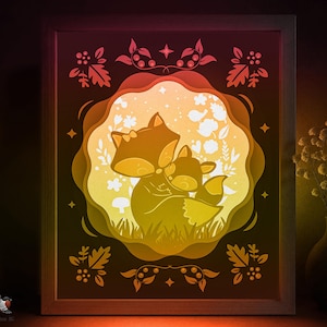 Mommy Fox Shadow box SVG Template, Mom and child Papercut Lightbox cricut SVG 3D layer Cartoon Paper Rectangle 8x10 Light box DXF Papercraft