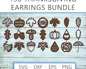 130 Happy Thanksgiving day earrings SVG bundle, Png DXF eps laser cut earrings glowforge cricut fall oak maple leaf turkey jewelry template