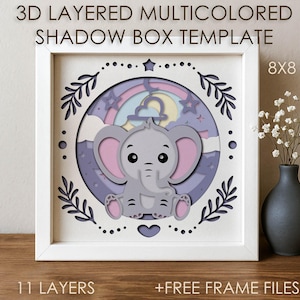 Baby Elefant Schattenbox SVG-Vorlage, Nachttraum Farbig Papierschnitt Schattenbox Cricut SVG, 3D-Schichtpapierschnitt Kartenschachtel Süßes Tier DXF