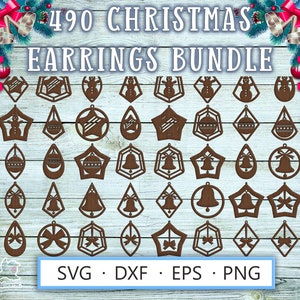 Laser cut earrings template SVG DXF for Cricut, Glowforge, Silhouette – 490 wood craft Christmas designs featuring snowmen, festive bows, jingle bells, and Christmas ornament balls for plywood earrings