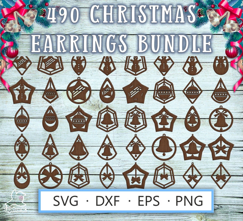 Laser cut earrings template SVG DXF for Cricut, Glowforge, Silhouette – 490 wood craft Christmas designs featuring snowmen, festive bows, jingle bells, and Christmas ornament balls for plywood earrings