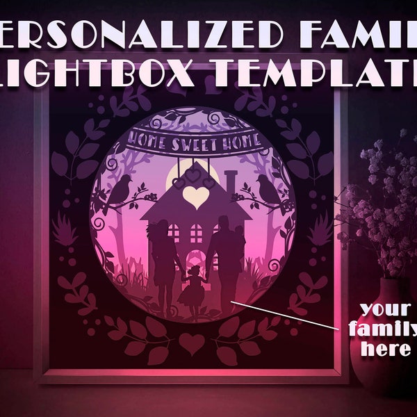 Personalized Family Portrait Shadow box SVG Template, Home Sweet Home Papercut Lightbox cricut SVG, 3D layer Paper cut Light box Papercraft