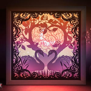Modèle SVG de boîte d'ombre de cygnes, oiseaux de coeur Papercut Lightbox cricut SVG, 3D en couches papier découpé boîte à lumière DXF Papercraft