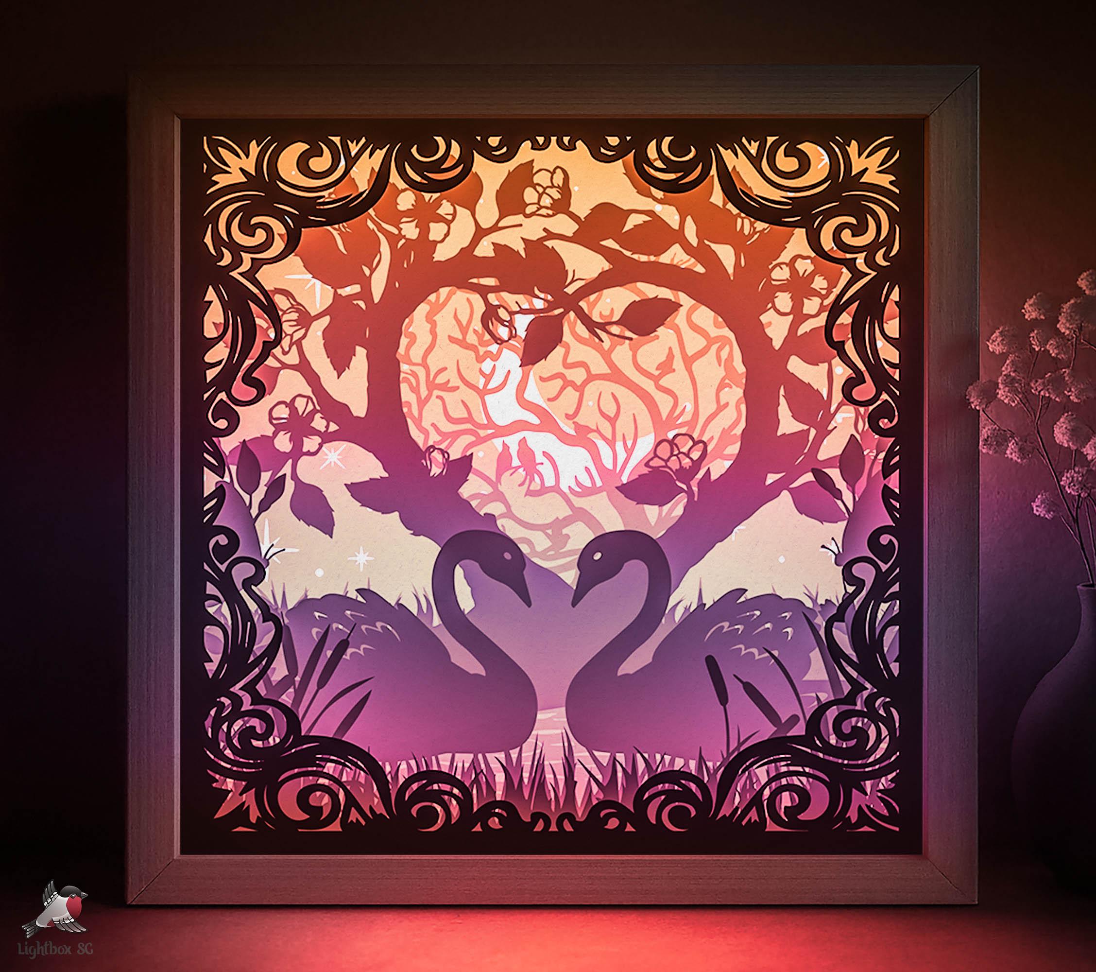 Love Swans Shadow box SVG Template, Heart birds Papercut Lightbox cricut SVG, 3D layered Valentines Paper cut Light box DXF Papercraft