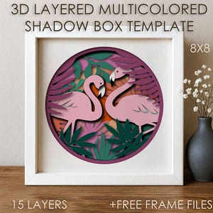 Caixa de sombra de pássaro flamingo 3D SVG Template, Caixa de sombra de papel colorido tropical cricut SVG, camadas 3D Papel cortado Cartão Papercraft Cartão DXF