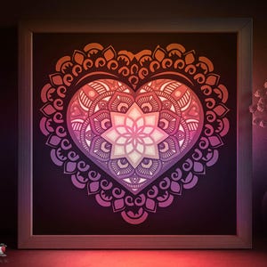 Modello SVG per scatola ombra mandala a forma di cuore, Lightbox multistrato in carta tagliata Cricut SVG, Lightbox in carta tagliata a strati 3D DXF Papercraft