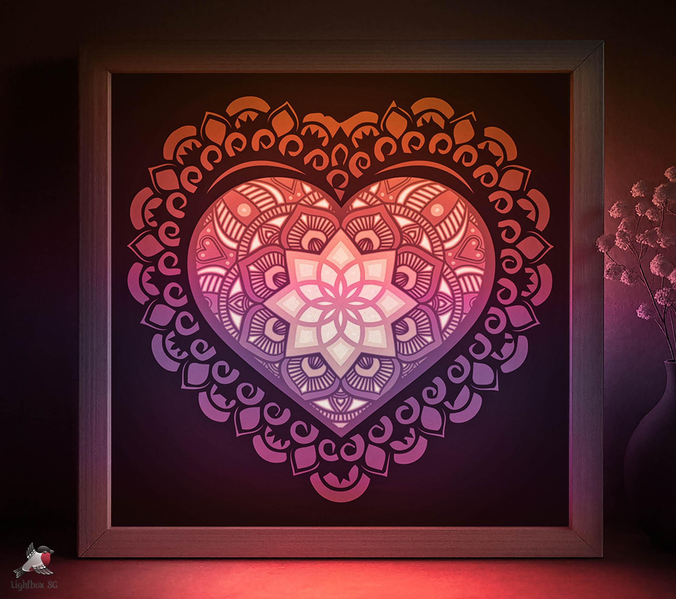 Heart mandala Shadow box SVG Template, Multilayered Papercut Lightbox cricut SVG, 3D layered Paper cut Light box DXF Papercraft