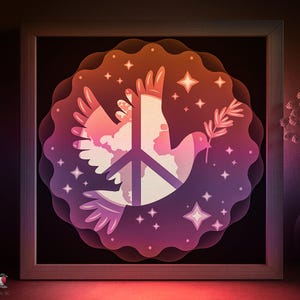 Caixa de sombra de pombo paz SVG Template, Símbolo do Pacífico Papercut Lightbox cricut SVG, Pássaro em camadas 3D Papercut Lightbox DXF Papercraft