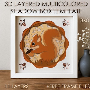 Modelo de caixa de sombra de esquilo da floresta SVG, caixa de sombra de papel colorido de animal bebê cricut SVG, caixa de cartão de papel cortado em camadas 3D Animal fofo DXF