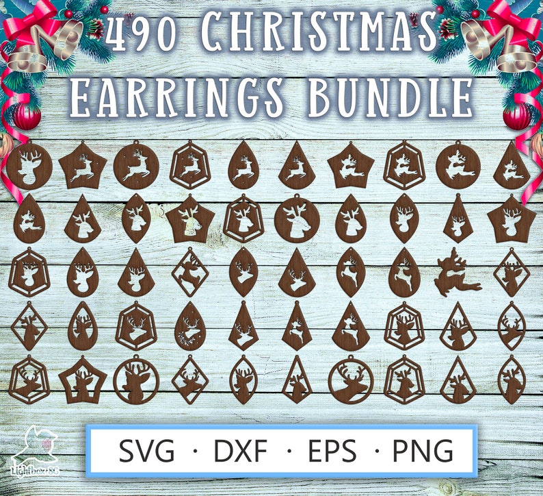 Laser cut earrings template SVG DXF for Cricut, Glowforge, Silhouette – 490 wood craft Christmas designs featuring Santa’s reindeer, holiday-themed plywood jewelry templates for laser cutting and crafting