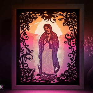 Mary Jungfrau Schattenbox SVG-Vorlage, Lady von Guadalupe Papierschnitt Lightbox Cricut SVG, 3D-Schichtung Papierschnitt Lightbox DXF Papercraft