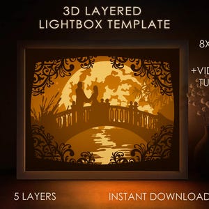 Modèle SVG boîte pleine lune ombre, amour romantique paire Papercut Lightbox cricut SVG, 3D en couches papier découpé boîte lumineuse DXF Papercraft