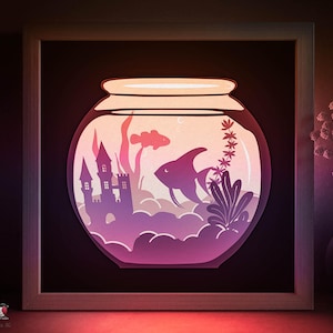 Aquarium Fisch Schattenbox SVG-Vorlage, Papierschnitt Lightbox Cricut SVG, 3D-Schichtung Papierschnitt Lightbox DXF Papercraft