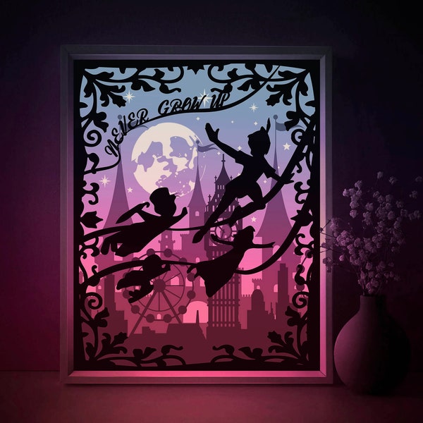 Peter Pan Fairytale Shadow box SVG Template, Never Grow Up Papercut Lightbox cricut SVG, 3D layered Paper cut Light box DXF Papercraft Peter Pan Fairytale Shadow box SVG Template, Never Grow Up Papercut Lightbox cricut SVG, 3D layered Paper cut Light box DXF Papercraft