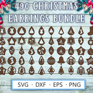 Laser cut earrings template SVG DXF for Cricut, Glowforge, Silhouette – 490 wood craft Christmas designs featuring snowmen, gift stockings, bows, hats, presents, jingle bells, and snowflakes for plywood earrings