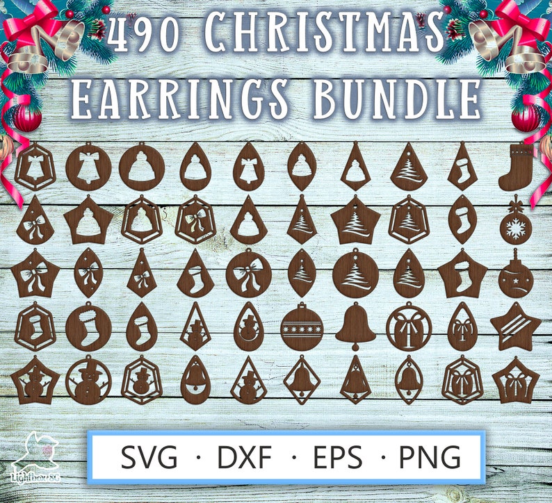 Laser cut earrings template SVG DXF for Cricut, Glowforge, Silhouette – 490 wood craft Christmas designs featuring snowmen, gift stockings, bows, hats, presents, jingle bells, and snowflakes for plywood earrings