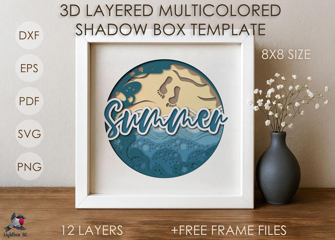 3D Summer Shadow Box SVG Template, Colored Sea Waves Papercut Beach ...