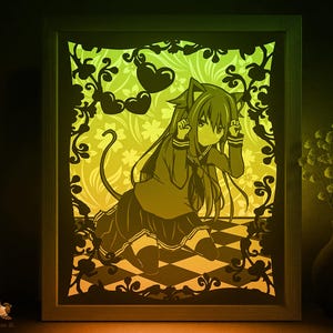 Modello SVG per scatola ombra studentessa anime, Lightbox Neko girl Papercut Cricut SVG, Lightbox in carta tagliata a strati 3D DXF Papercraft