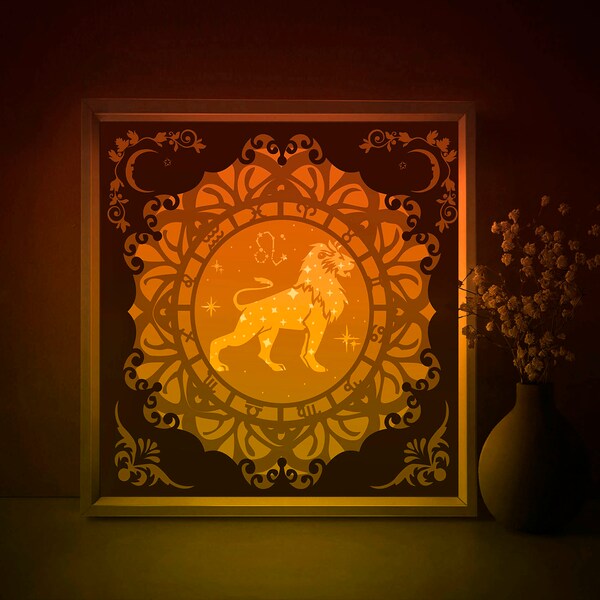 Zodiac Leo Shadow box SVG Template, Astrological Signs Papercut Lightbox cricut SVG, 3D layered Paper cut Light box DXF Papercraft