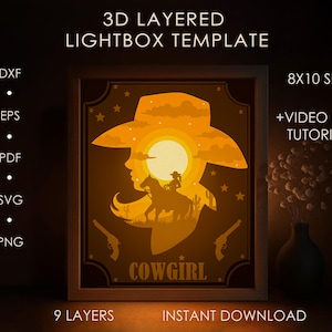 Modelo SVG de caixa de sombra de cowgirl, caixa de luz de corte de papel do faroeste selvagem cricut SVG, natureza do Texas em camadas 3D, caixa de luz de corte de papel DXF Papercraft