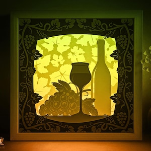 Wine still life Shadow box SVG Template, Wine grapes Papercut Lightbox cricut SVG, 3D layers Grape leaves Paper cut Light box DXF Papercraft