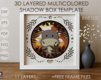 African Hippopotamus Shadow box SVG Template, Colored Papercut Shadow box cricut SVG, 3D layer Paper cut Card Hippo Behemoth Papercraft file