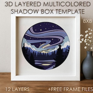 Plantilla SVG de caja de sombras de auroras boreales en 3D, montañas de papel recortado en colores, Cricut SVG, caja de cartón recortada en capas en 3D, papel, artesanía, cartulina, DXF