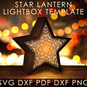 Plantilla SVG de caja de sombra con forma de linterna de estrella de mandala, caja de luz con recorte de papel con patrón de adorno, caja de luz con recorte de papel en capas 3D, Papercraft DXF