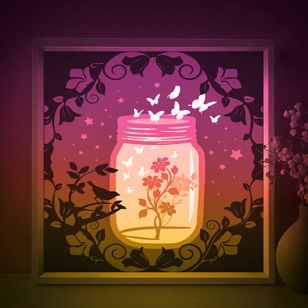 Flower Jar Shadow box SVG Template, Fairytale Butterflies Papercut Lightbox cricut SVG, 3D layered Paper cut Light box DXF Papercraft Flower Jar Shadow box SVG Template, Fairytale Butterflies Papercut Lightbox cricut SVG, 3D layered Paper cut Light box DXF Papercraft