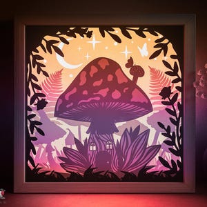 Mushroom House Shadow box SVG Template, Gnome Home Papercut Lightbox cricut SVG, 3D layered Fairy Forest Paper cut Light box DXF Papercraft