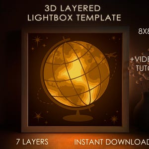 Szablon Globe Shadow box SVG, Bon Voyage Papercut Lightbox cricut SVG, 3D warstwowy Travel Papercut Lightbox DXF Papercraft
