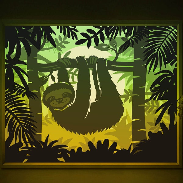 Sloth Shadow box SVG Template, Tropical Animal Papercut Lightbox cricut SVG, 3D layered Jungle Leaves Paper cut Light box DXF Papercraft