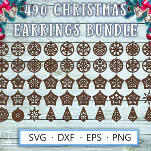 Laser cut earrings template SVG DXF for Cricut, Glowforge, Silhouette – winter Christmas bundle with 490 wood craft designs including snowflakes, perfect plywood design files for festive jewelry making
